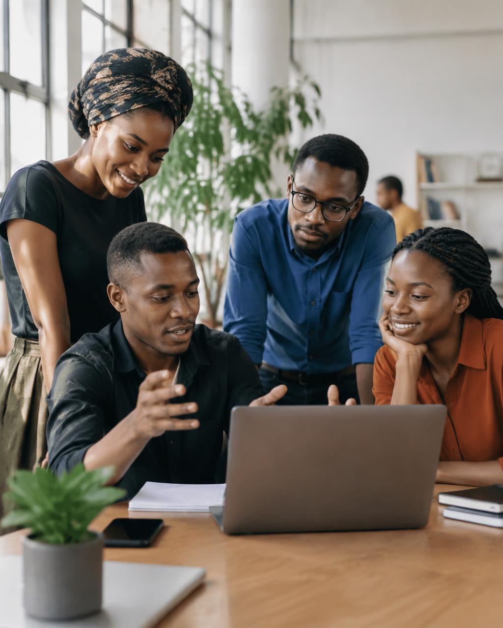 Young African entrepreneurs collaborating around a laptop